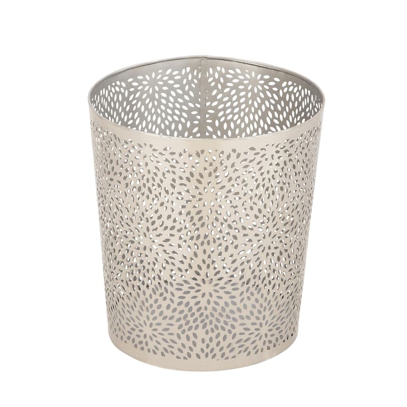 Metal Floral or Geometric Small Waste Bin with Laser Carved Design - Gold or Silver - CosmoLiving by Cosmopolitan