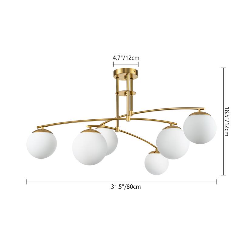 Modern Brass Sputnik Linear Opal Frosted Glass Globe Semi-Flush Mount Light