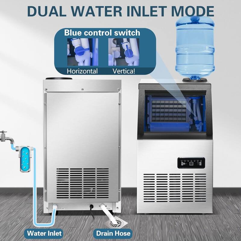 Commercial Ice Maker Machine 110LBS/24H Stainless Steel Freestanding 28LBS Storage Capacity Self-Cleaning 2 Water Inlet Modes