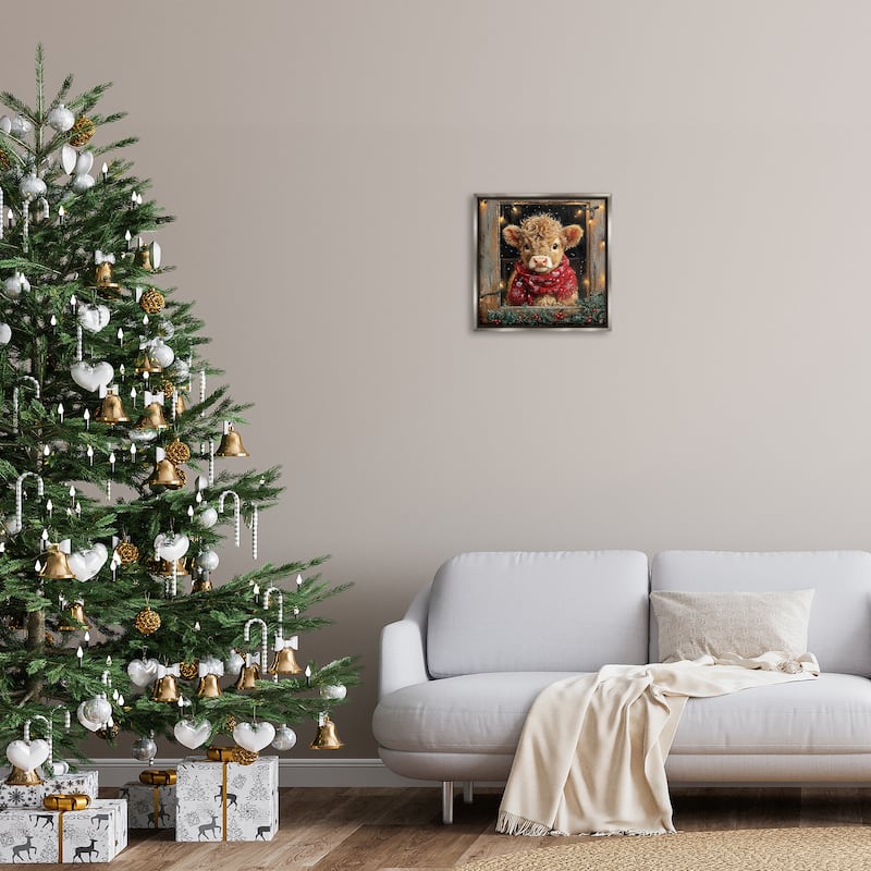Stupell Calf with Holly & Lights Garland Framed Floater Canvas Wall Art Design By Riley B