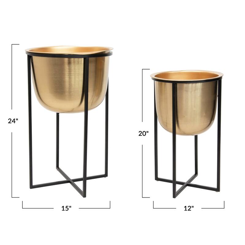 Metal Planters with Black Stands, Gold Finish, Set of 2