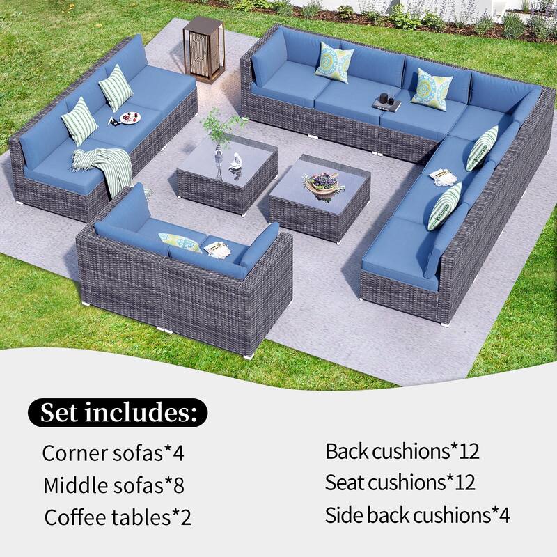 OVIOS 14-piece Deep Seat Wicker Conversation Sectional Set with Glass-top Table