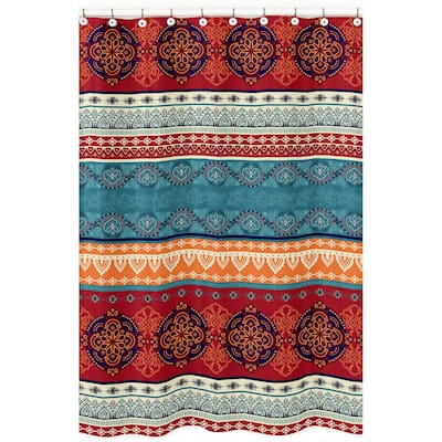 Sweet Jojo Designs Boho Chic Mandala Bathroom Fabric Bath Shower Curtain Red Blue Bohemian Colorful Vintage Retro Tribal Luxury