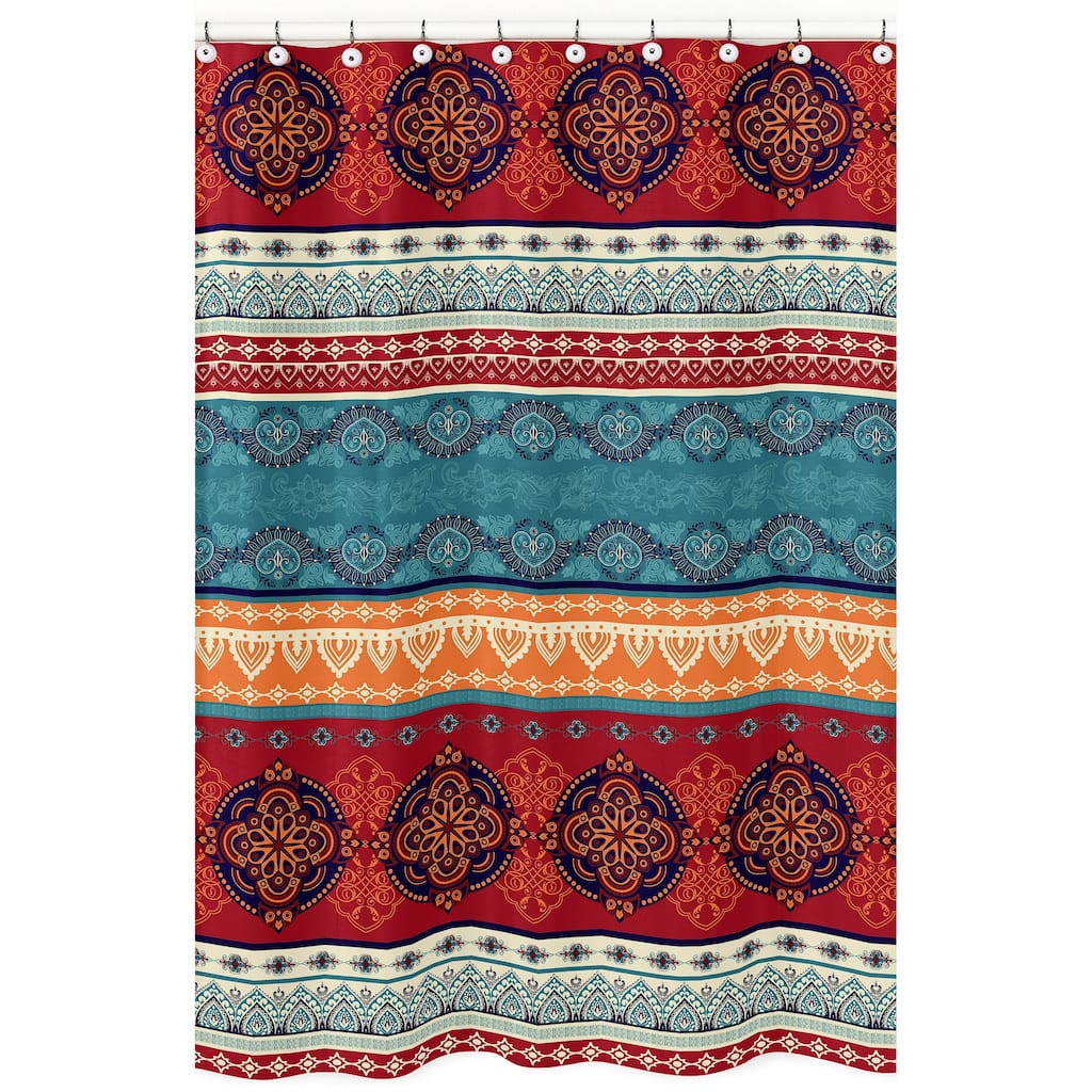 Sweet Jojo Designs Boho Chic Mandala Bathroom Fabric Bath Shower Curtain Red Blue Bohemian Colorful Vintage Retro Tribal Luxury