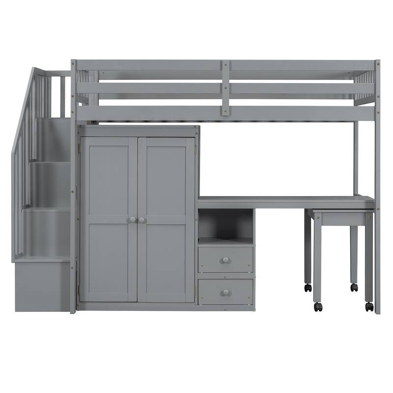 Twin Loft Bed with Staircase & Study Station and 5-in-1 Storage, 300lb Capacity