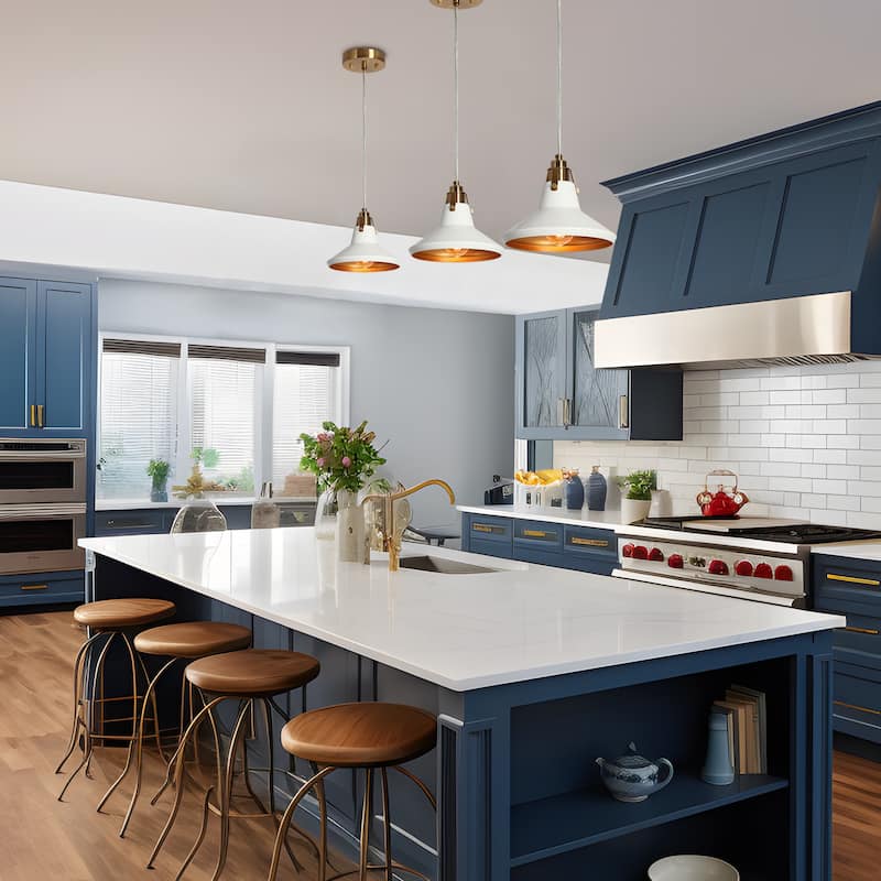 1-Light Modern Elegant White Gold Metal Kitchen Island Light Height-Adjustable Pendant Light for Dining Room - D8.7" x H7.1"
