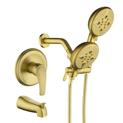Wall Mounted Dual Head Shower Faucet with Tub Spout, Complete Pressure Balance Brushed Gold Tub Shower System Wth Hand Shower