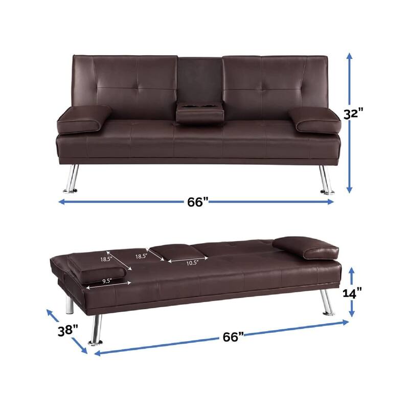 Futon Sofa Bed Couch with Armrest & Cupholders, Faux Leather Sofa Bed Couch Convertible Folding Reclining Small Couch