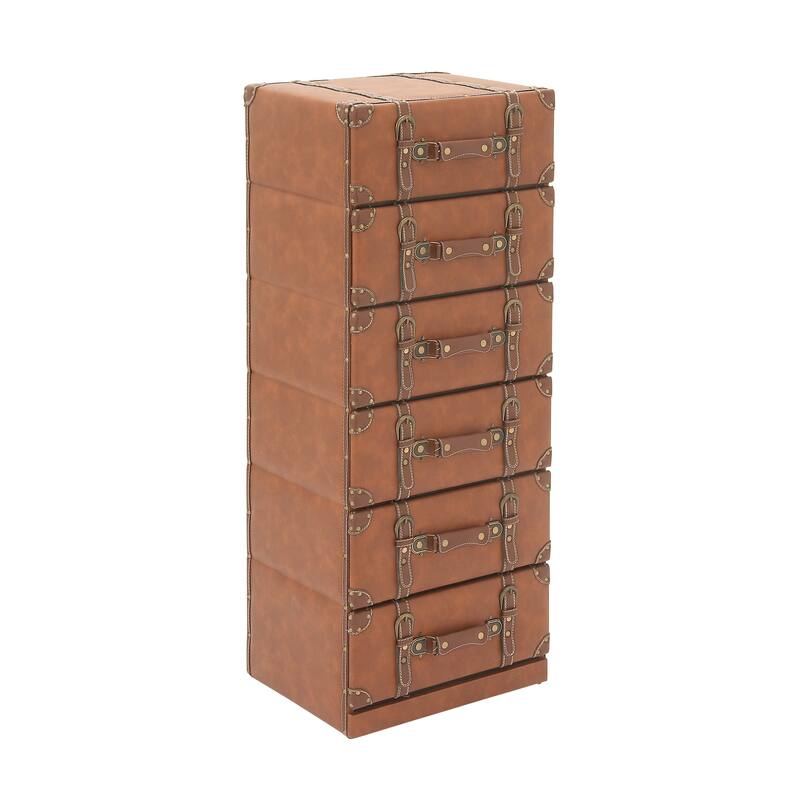 Wooden Faux Leather 5 or 6 Drawers Chest with Buckle and Strap Detailing - Brown - Roche River Decor