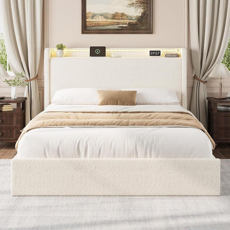 FullQueen Boucle Bed Frame with Storage Headboard, Upholstered Bed Frame with Charging Station, LED Lights, 4 Drawers - Queen - Beige