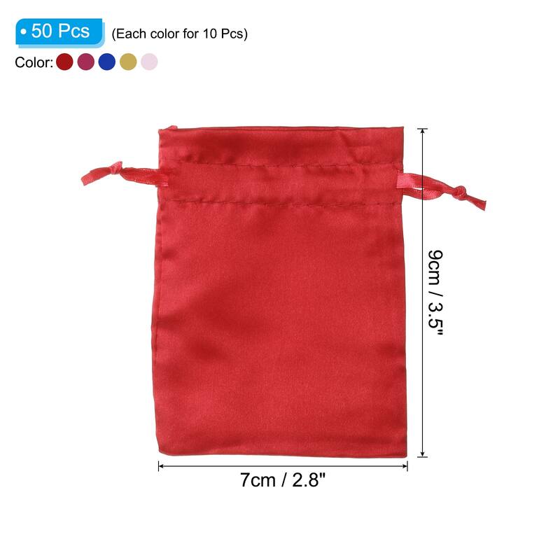 50Pcs 3"x4" Satin Bags Wedding Favor Bags Drawstring Gift Bags 5 Color - Pink, Burgundy, Red, Navy Blue, Gold