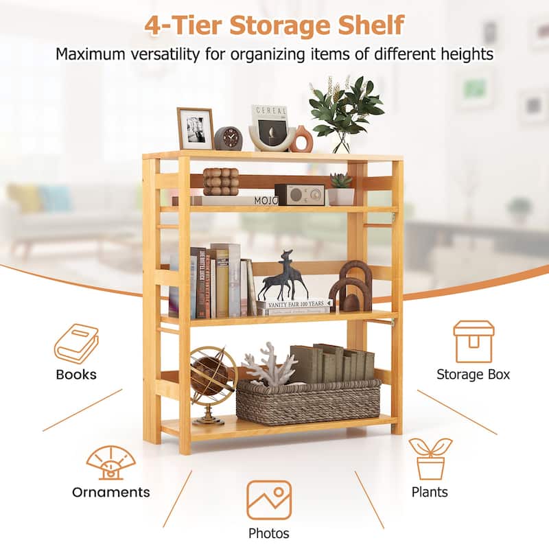 Gymax 2PCS 4-Tier Bookshelf Floor Storage Shelf w/ Rubber Wood Frame