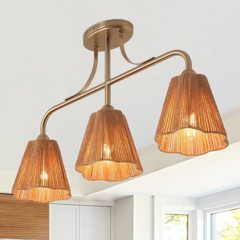 Bohemian Brown Paper Rope Shade 3-Light Gold Linear Chandelier Light