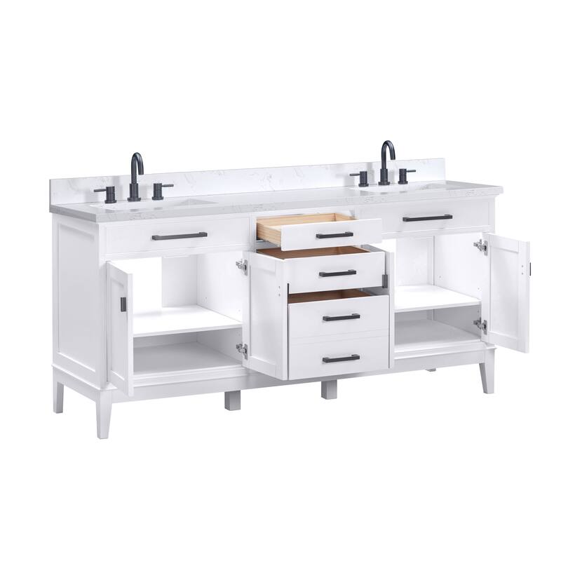 Madison 72 in. Double Sink Bathroom Vanity with Engineered Stone Top - 73" x 22"D x 35"H