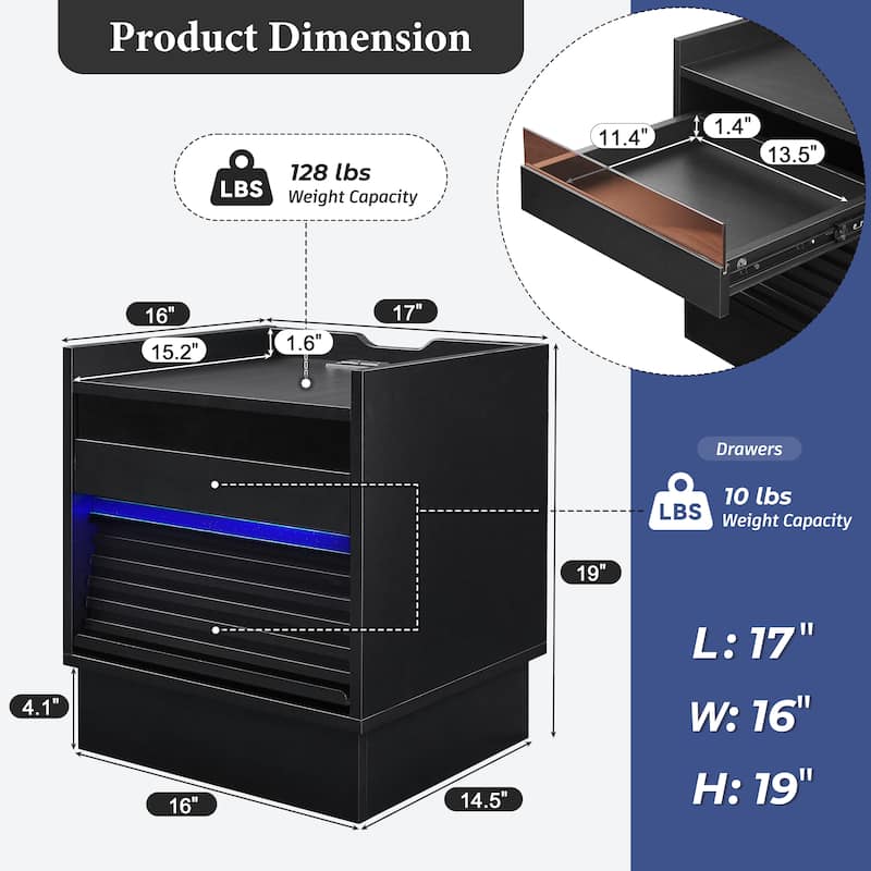 Modern Nightstand with Charging Station, LED Lights, and 2 Drawers for Bedroom or Living Room