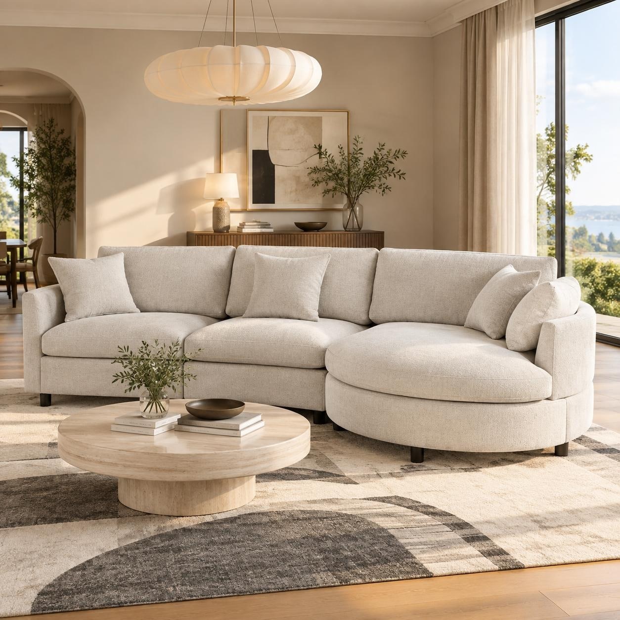 Chenille 3-Piece Sectional Sofa with Rounded Chaise & 3 Throw Pillows by Harper&Bright Designs