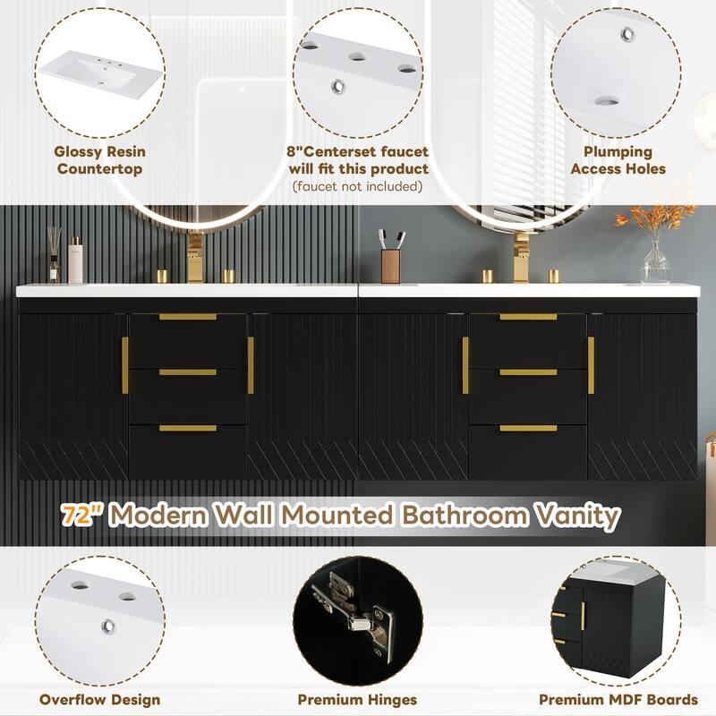 72'' Wall Mounted Bathroom Vanity with White Integrated Resin Sink - 72'' x 18'' x 20.3''