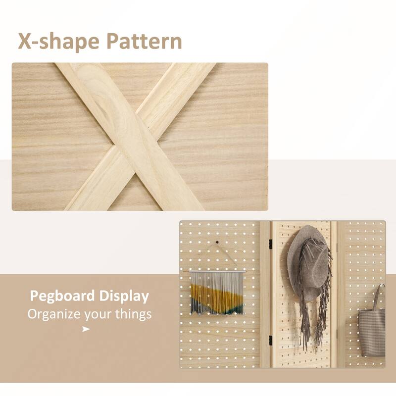 Folding Wood Pegboard Room Divider for Privacy and Organization in Home or Office