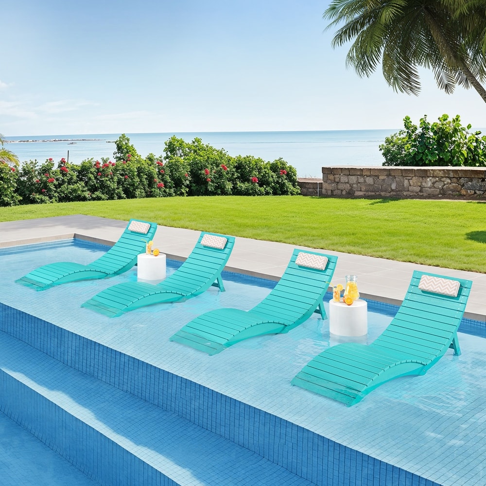 3-Piece Folding HDPS Plastic Outdoor Pool Chaise Lounges with Headrest Cushion