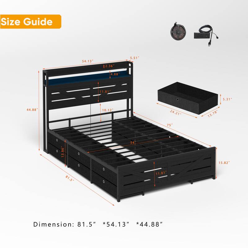 Farmhouse Platform Bed Frame with Charging Station, Noise-free Metal Bed Frame with 12 Storage Drawers & LED Headboard
