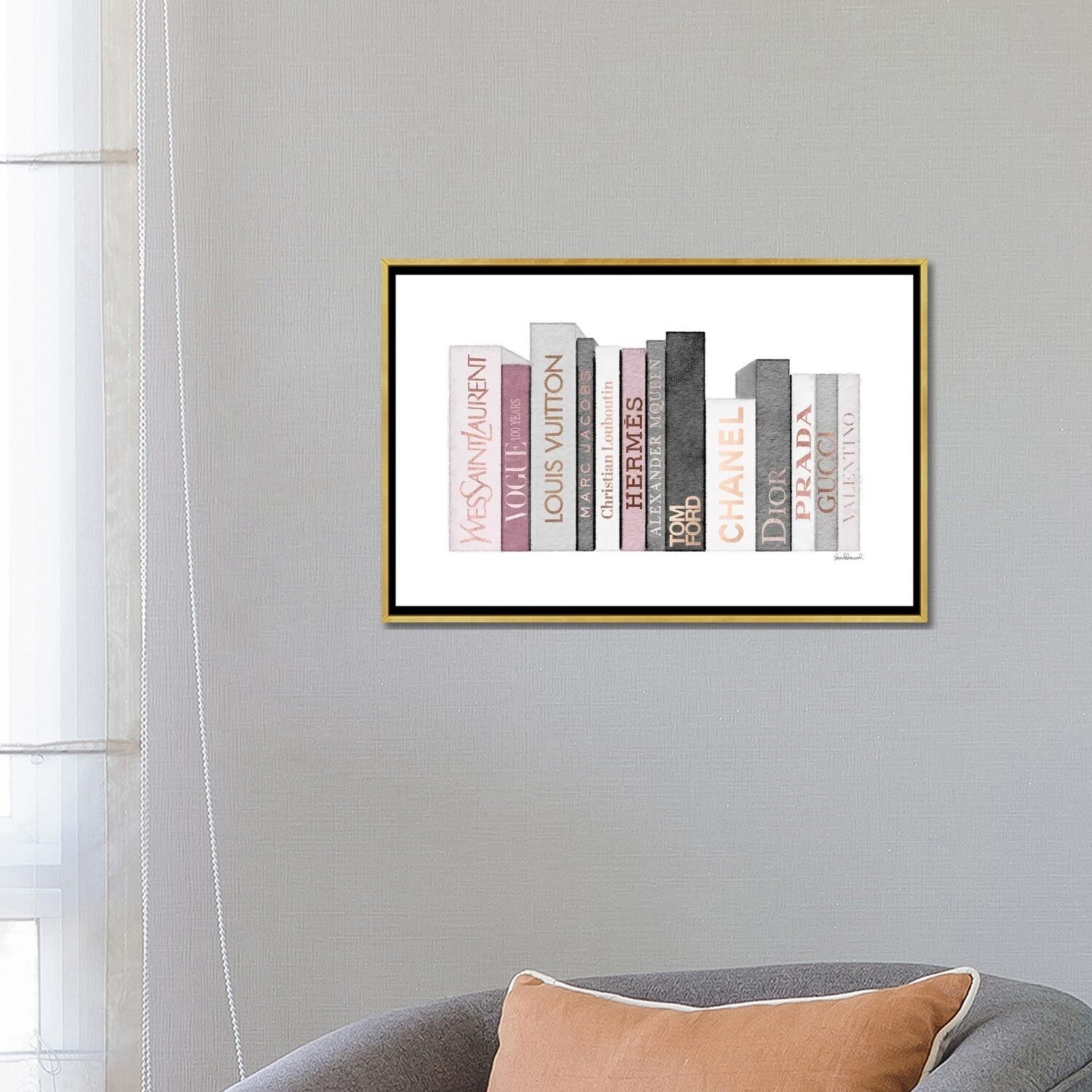  Fine Art Canvas Book Shelf Full Of Rose Gold, Grey, And Pink  Fashion Books Canvas Wall Decor by Artist Amanda Greenwood for Living Room,  Bedroom, Bathroom, Kitchen, Office, Bar, Dining 
