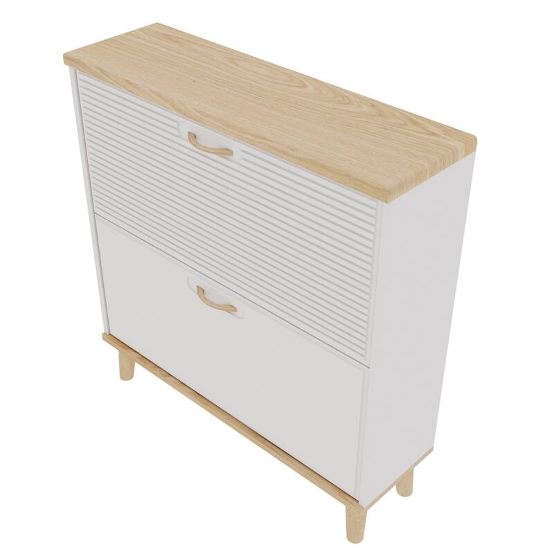 Shoe Cabinet with 2 Flip Drawers, Wooden Narrow Shoe Rack Cabinet, Freestanding Hidden Shoe Organizer for Entryway
