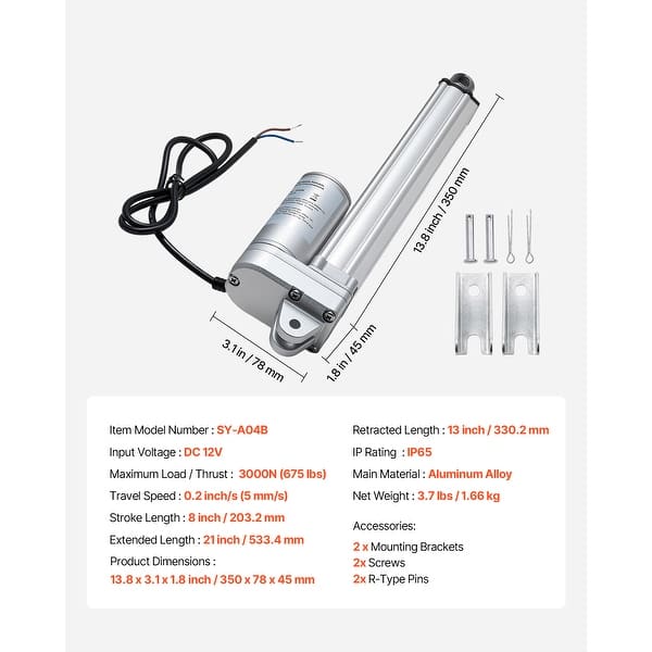 UIMOSO 12V Linear Actuator, 8 Inch IP65 Waterproof Linear Actuator,  675lbs/3000N 0.2"/s Motion Actuators with Mounting Bracket - Bed Bath &  Beyond - 43534976