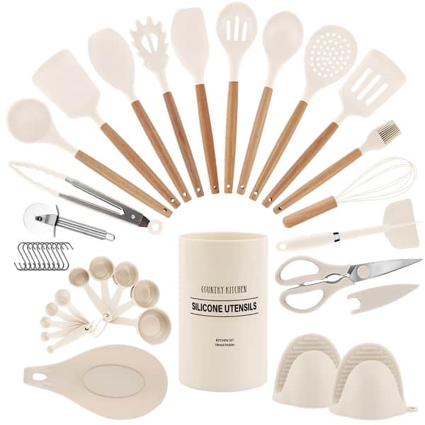 Country Kitchen Non Stick Silicone Utensil Set with Rounded Wood Handles for Cooking and Baking, 38 Piece Set