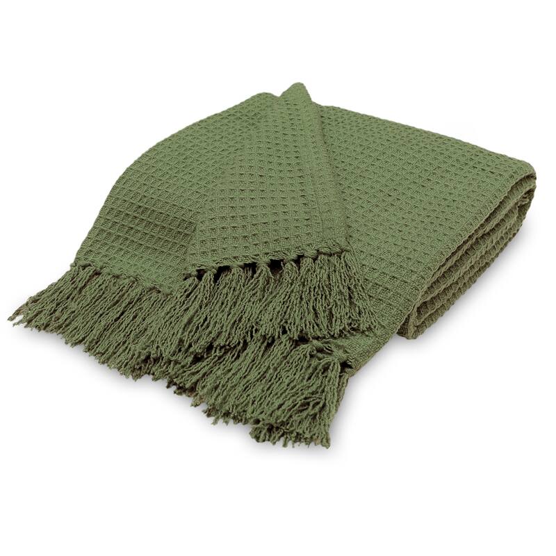 Luxurious Soft Cozy All Season Light Weight Cotton Waffle Weave Throw Blanket with Fringes - 70x50 Inches