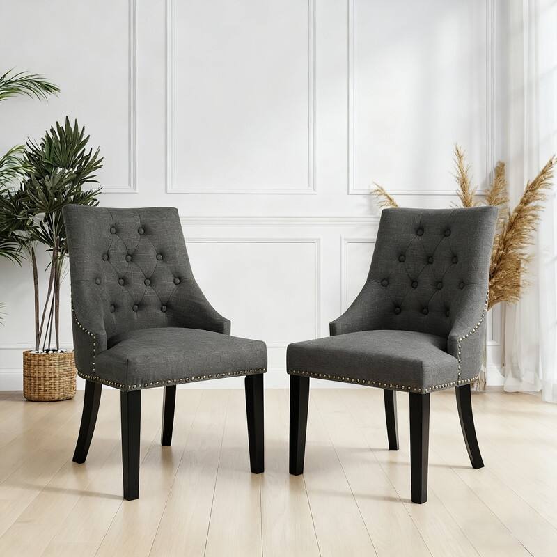 Fabric Upholstered Dining Chairs Button Tufted Nailhead Trim Accent Chairs Set of 2 - Charcoal-2-Piece