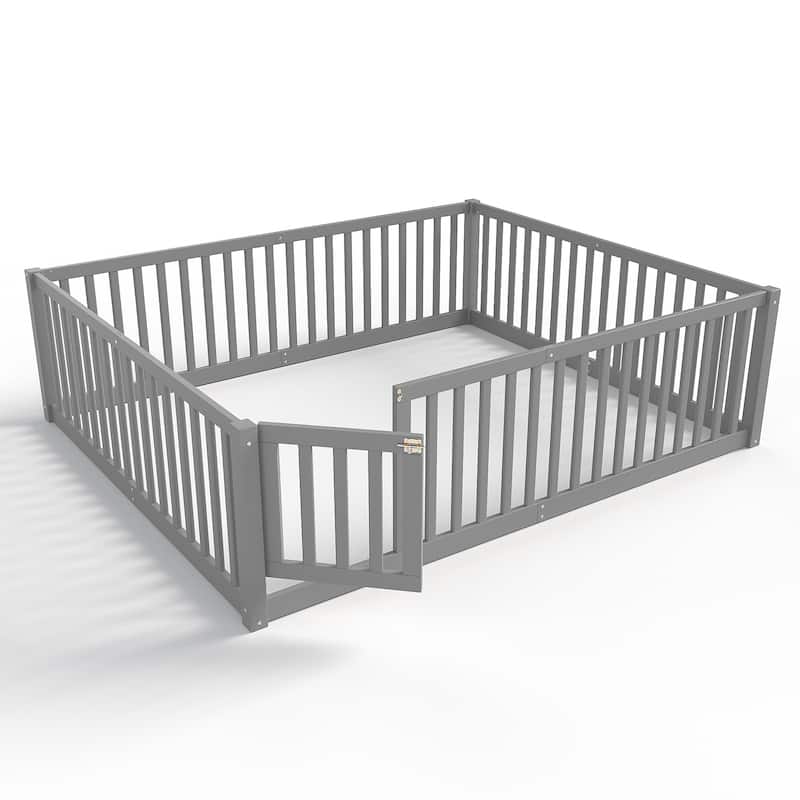 Montessori Floor Bed with Safety Guardrails & Door, Kids Low Profile Frame, Available in Queen/Full/Twin