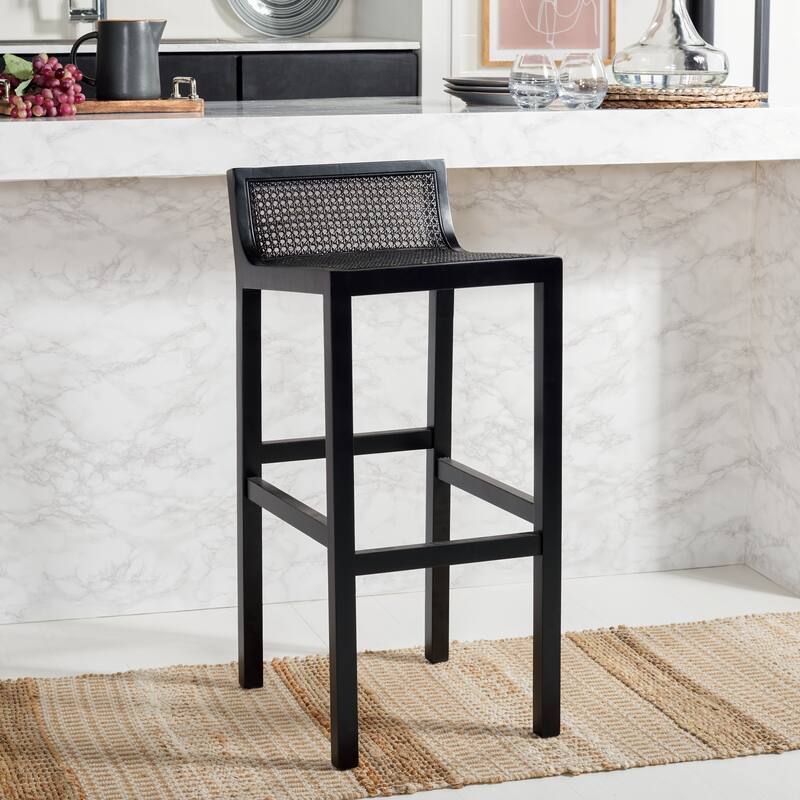 SAFAVIEH Crete Low Back Cane Bar Stool - 16" W x 20" D x 38" H - 16Wx19Dx37H - Black