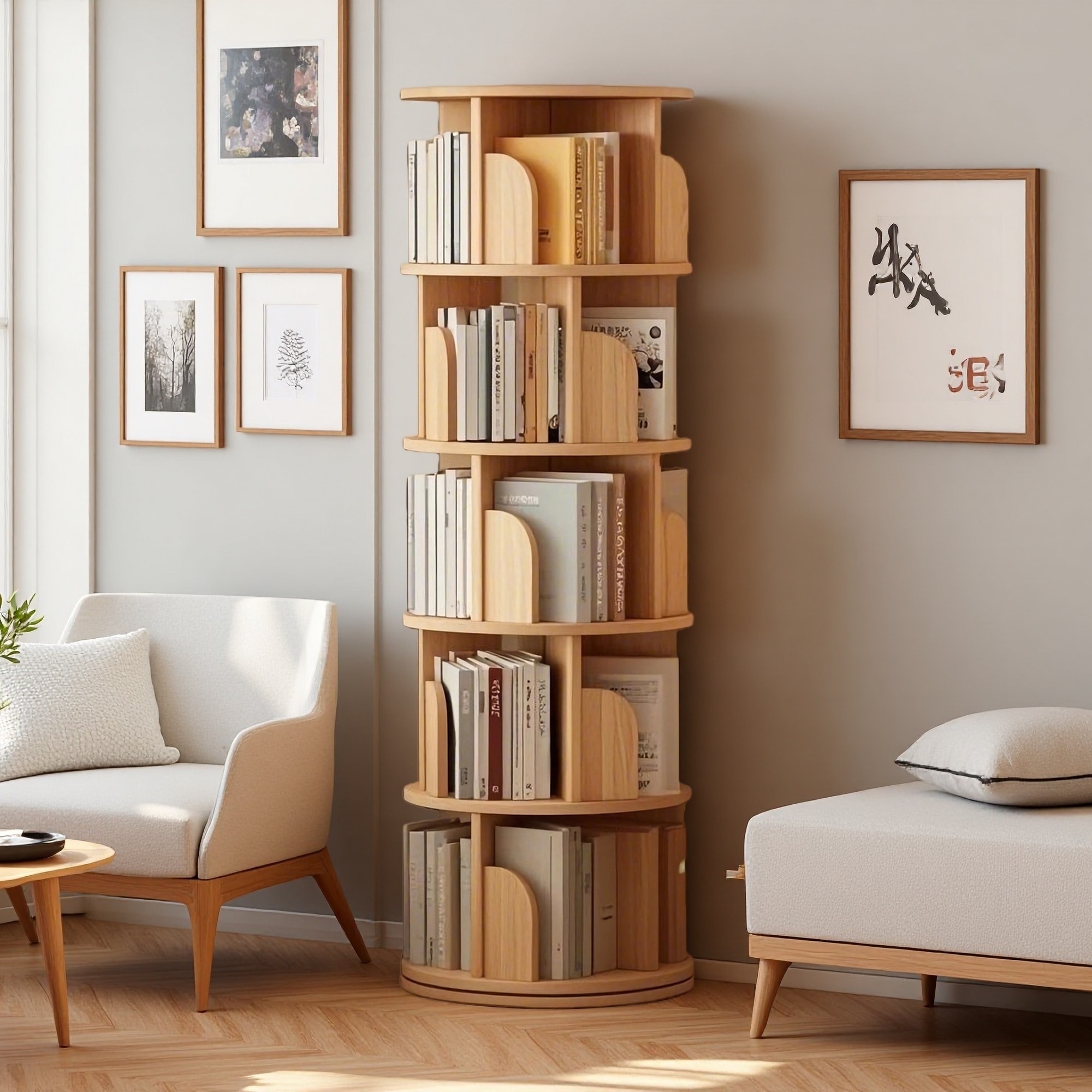 61.8"H 5-Tier Rotating Bookshelf, 360° Round, Space-Saving Small Space Storage