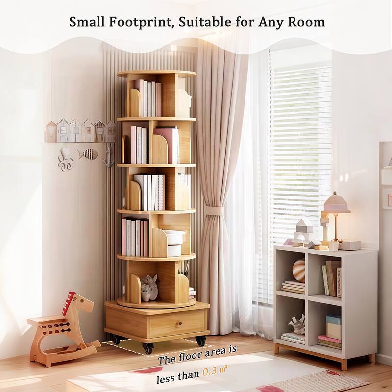 GDF Studio - Purling Modern 6-Tier Wood 360-Degree Rotating Bookshelf with Drawer Storage