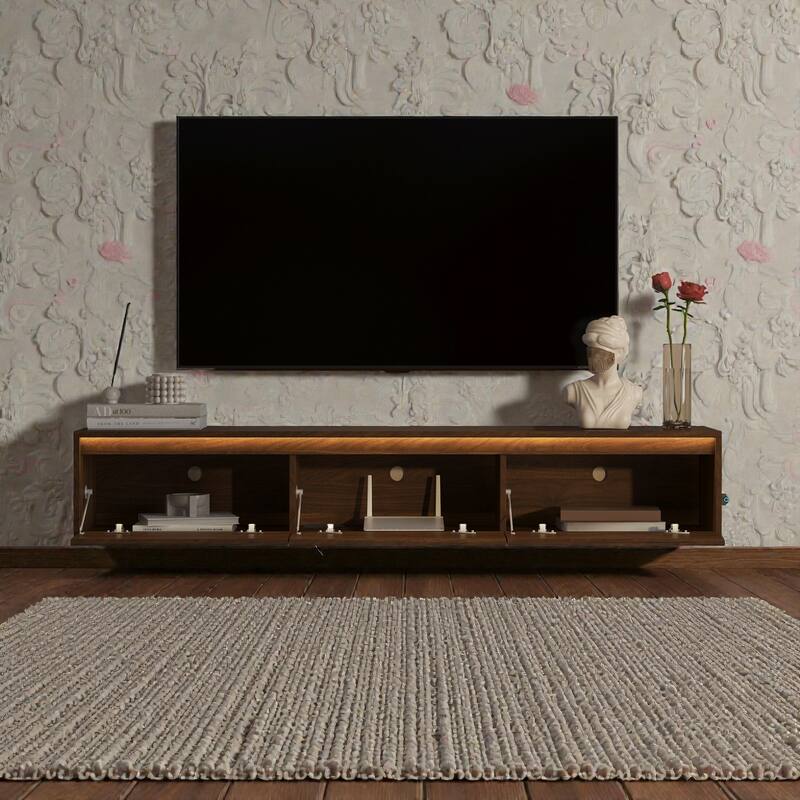 Floating TV Stand with LED Lights & Power Outlet, Wall Mounted High Gloss TV Cabinet with Storage and USB Ports