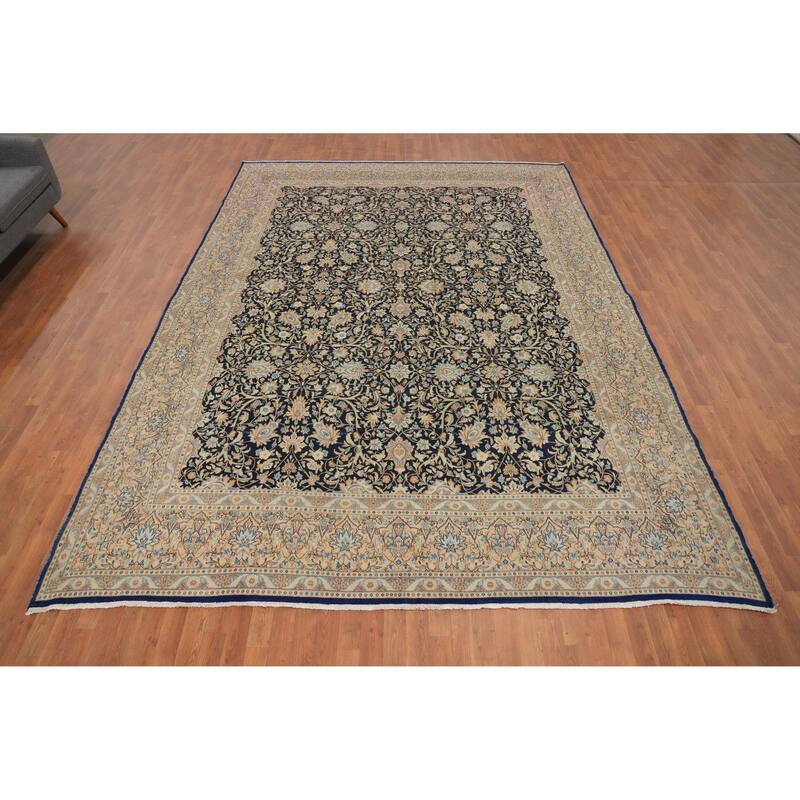 Hand Knotted Oriental 100% Wool Carpet Traditional All-Over Navy Blue & Blues Kerman Area Rug - 13' 0'' X 9' 7''