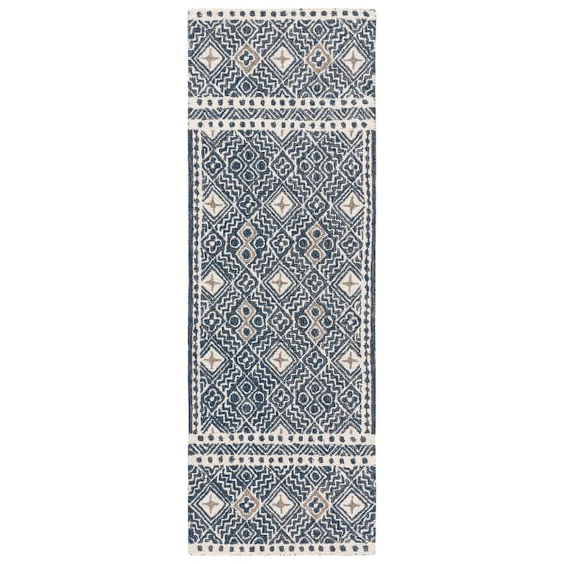 SAFAVIEH Handmade Micro-Loop Jelske Wool Rug - 2'3" x 7' Runner - Navy/Ivory - Runner