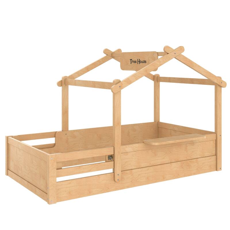 Montessori Floor Bed of 3 Kinds Size, House-shaped Platform Bed with Small Built-in Tray, Signboard and No Slats Design