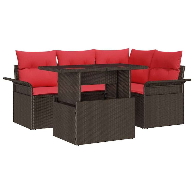 vidaXL 5 Garden Sofa Set with Cushions Brown/Grey Poly Rattan - 73.8 x 52.2 x 27.2