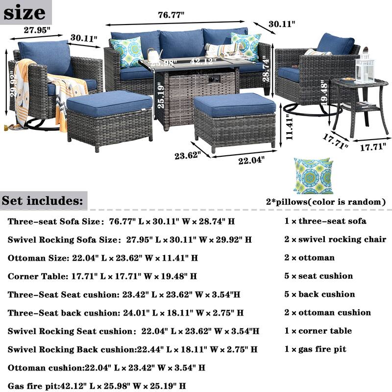 OVIOS 7-piece Wicker Sectional Sofa Swivel Rocking Chair Set With Fire Pit