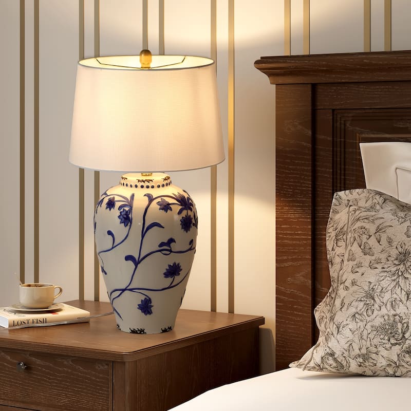 Blue and White Porcelain Table Lamp with Linen Shade - 13'' W × 13'' D × 26'' H - Blue and White