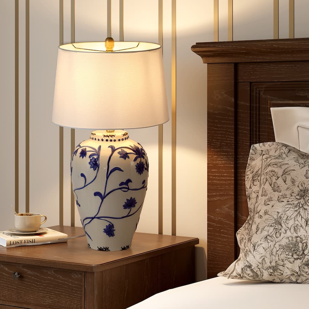 Blue and White Porcelain Table Lamp with Linen Shade - 13'' W × 13'' D × 26'' H