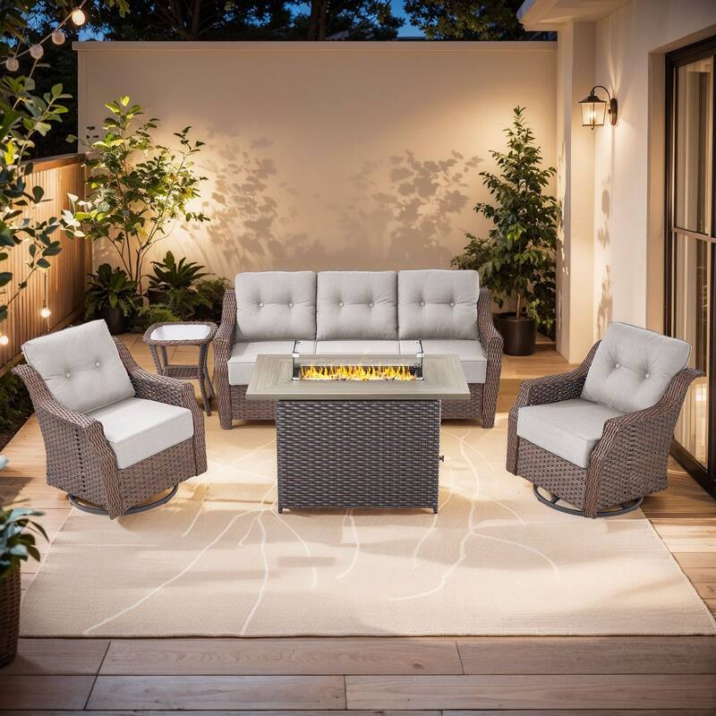 Outdoor Furniture Set with Propane Gas Fire Pit Table - Brown Wicker & Beige Cushion - 5-Piece Sofa Chair with Rectangle Fire Table