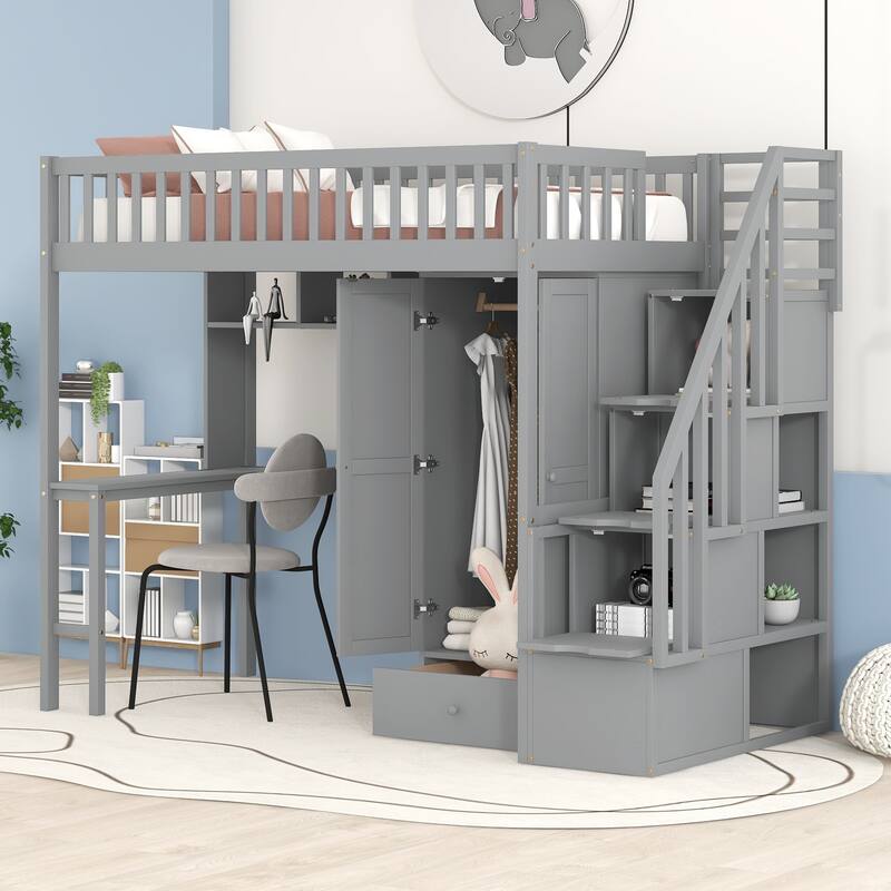 Loft Bed with Bookshelf,Drawers,Desk,and Wardrobe