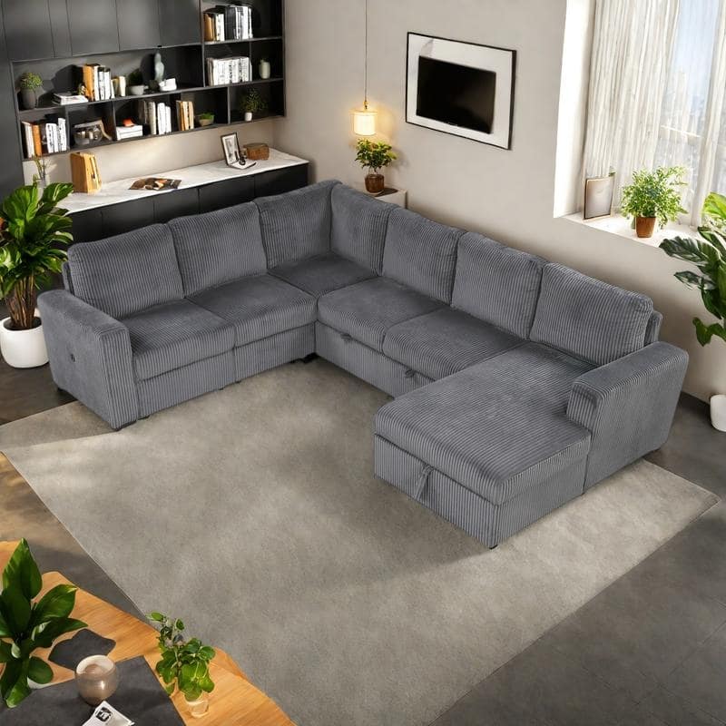 115.6" Corduroy U-Shaped Sectional Sofa with Pull-out Bed, Storage & USB Ports