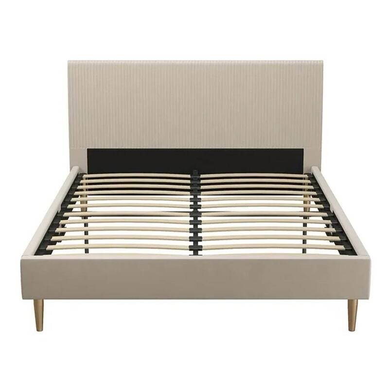 Off-White Ivory Cream Upholstered Platform Bed Frame with Headboard - Queen