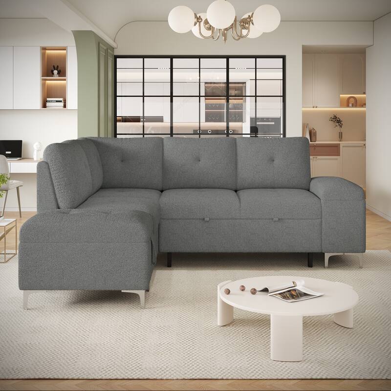 Contemporary L Shaped Sectional Sofa with Storage Ottoman and USB Ports and Drop Down Table for Living Room - Gray
