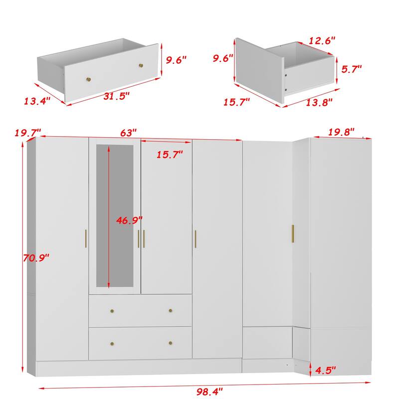 4 Door Wardrobe Large Storage Cabinet Armoire with Mirror and 2 Drawer