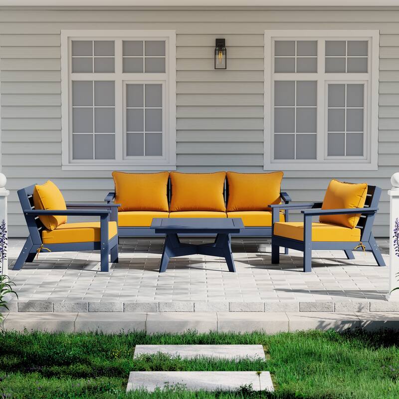 Birchwood All Weather HDPE Outdoor Patio Navy Blue Deep Seating Conversation Set (6-Piece Set) - Navy Blue/Yellow