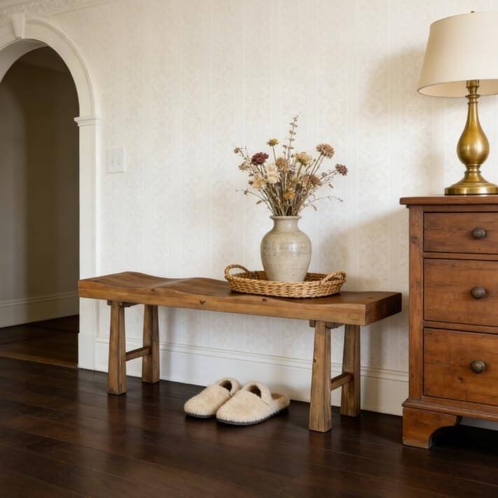 55" Rustic Solid Wood Entryway Bench with Wave-Top Design